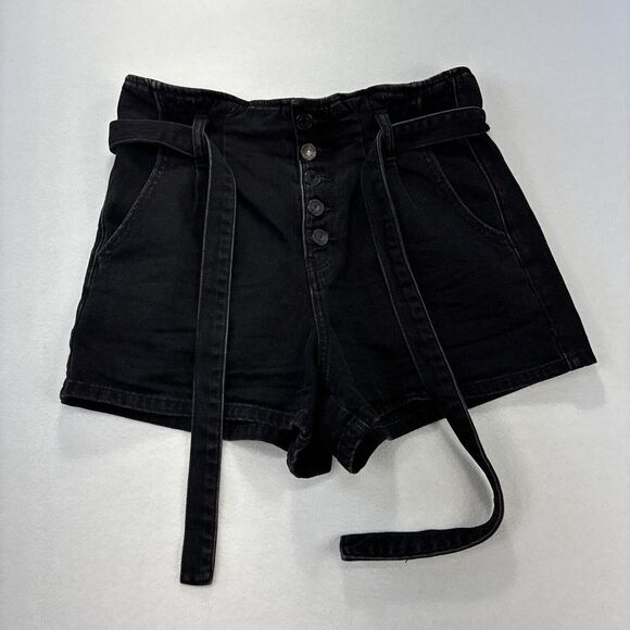 American Eagle Womens Mom Shorts 6 Black Paperbag‎ Belted Button Fly 30x3 Boho - Picture 1 of 12
